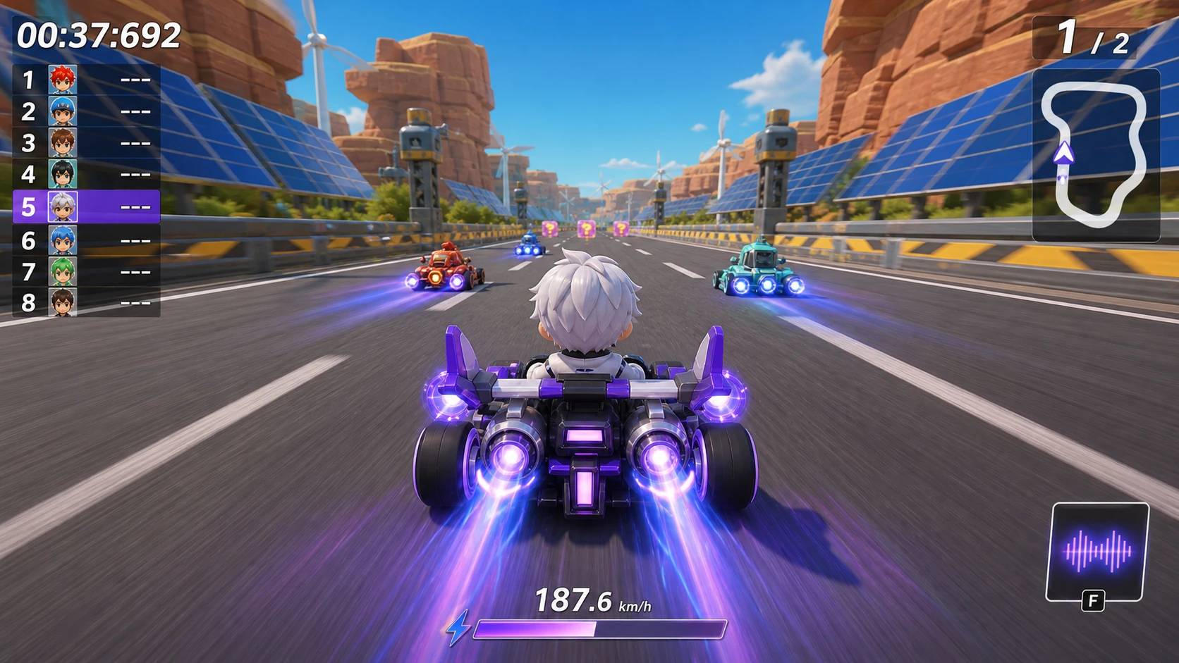 Third-person kart race viewed from behind with a PC racing HUD