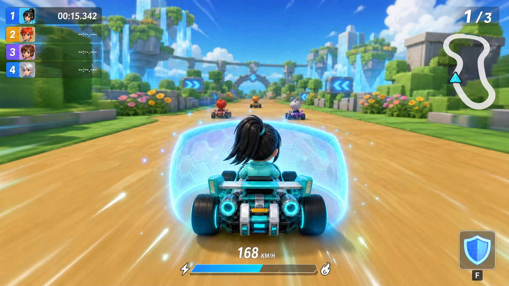 Third-person PC kart view from behind the character and kart