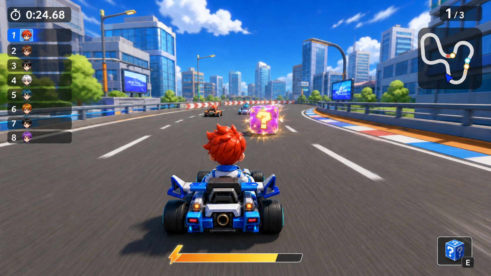 Third-person PC kart view approaching a voice item