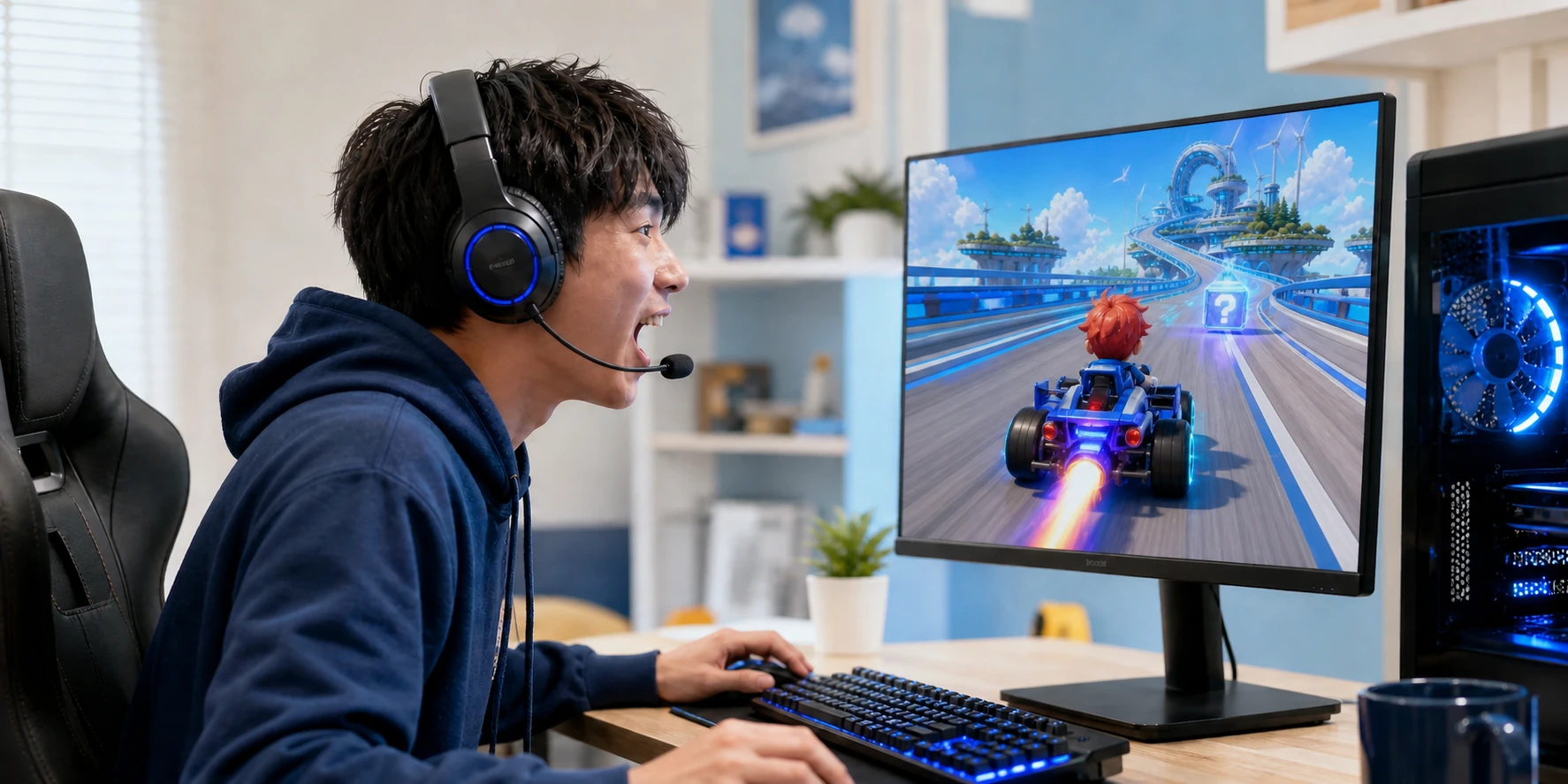A headset player shouting a voice command while watching a bright third-person kart race on a PC monitor