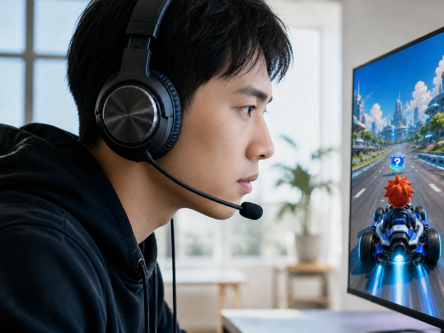 A PC player watching the monitor and speaking into a boom microphone
