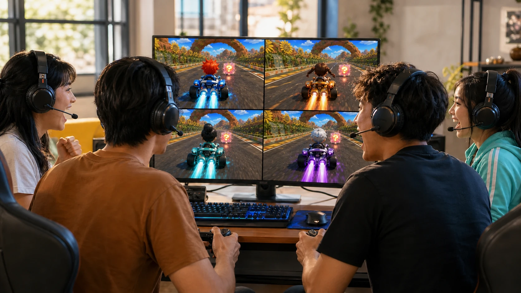 Four friends wearing headsets and shouting voice commands at a split-screen PC kart race